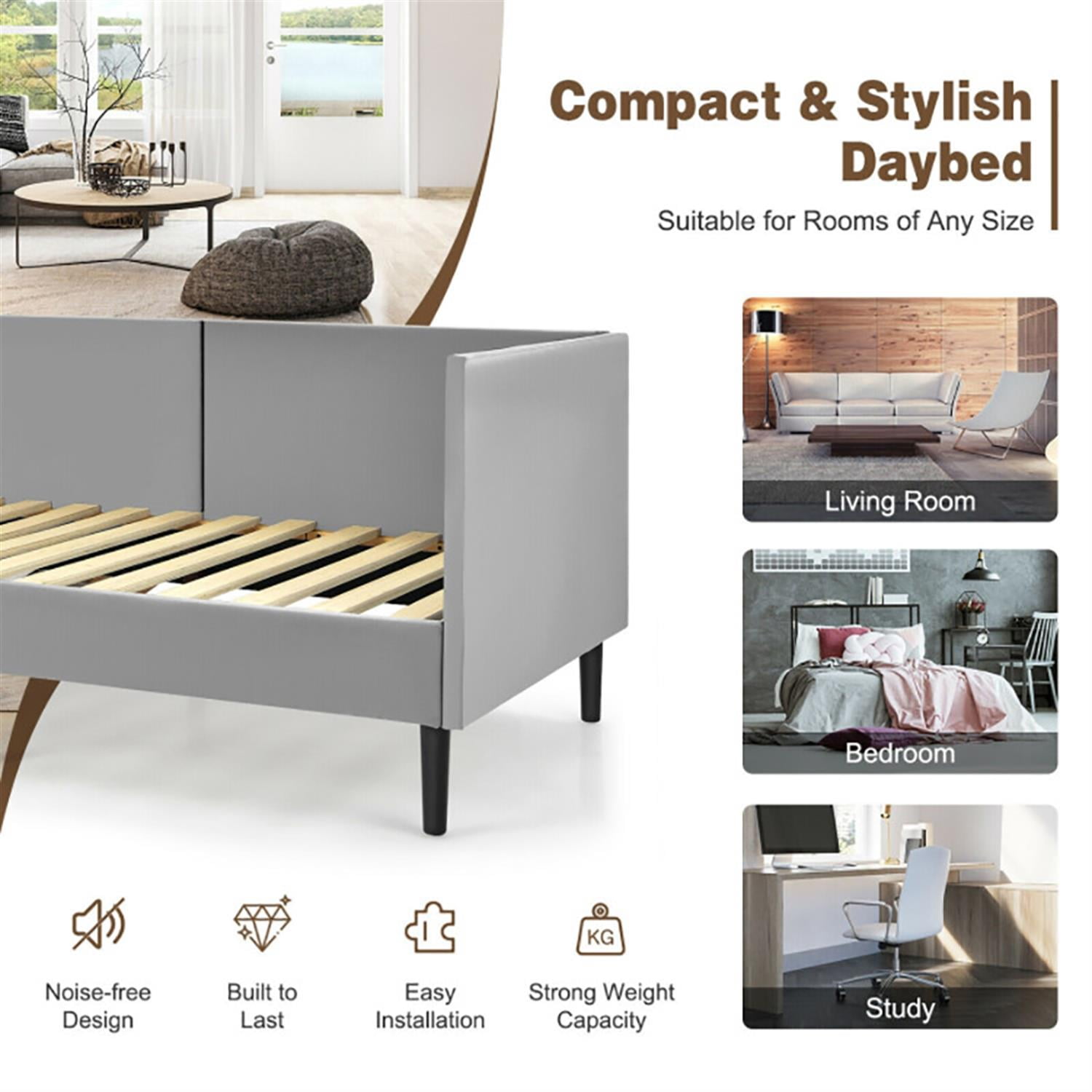 Demi Bonn Twin Size Daybed Frame with Sturdy Wooden Slat Support, Modern Bed Frame for Teens, Gray