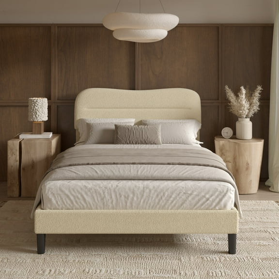 Satifur Full Bed Frame with Teddy Velvet Soft Curved Headboard, Platform Bed with Wooden Slats Support, Easy Assembly, Noise-Free, Beige