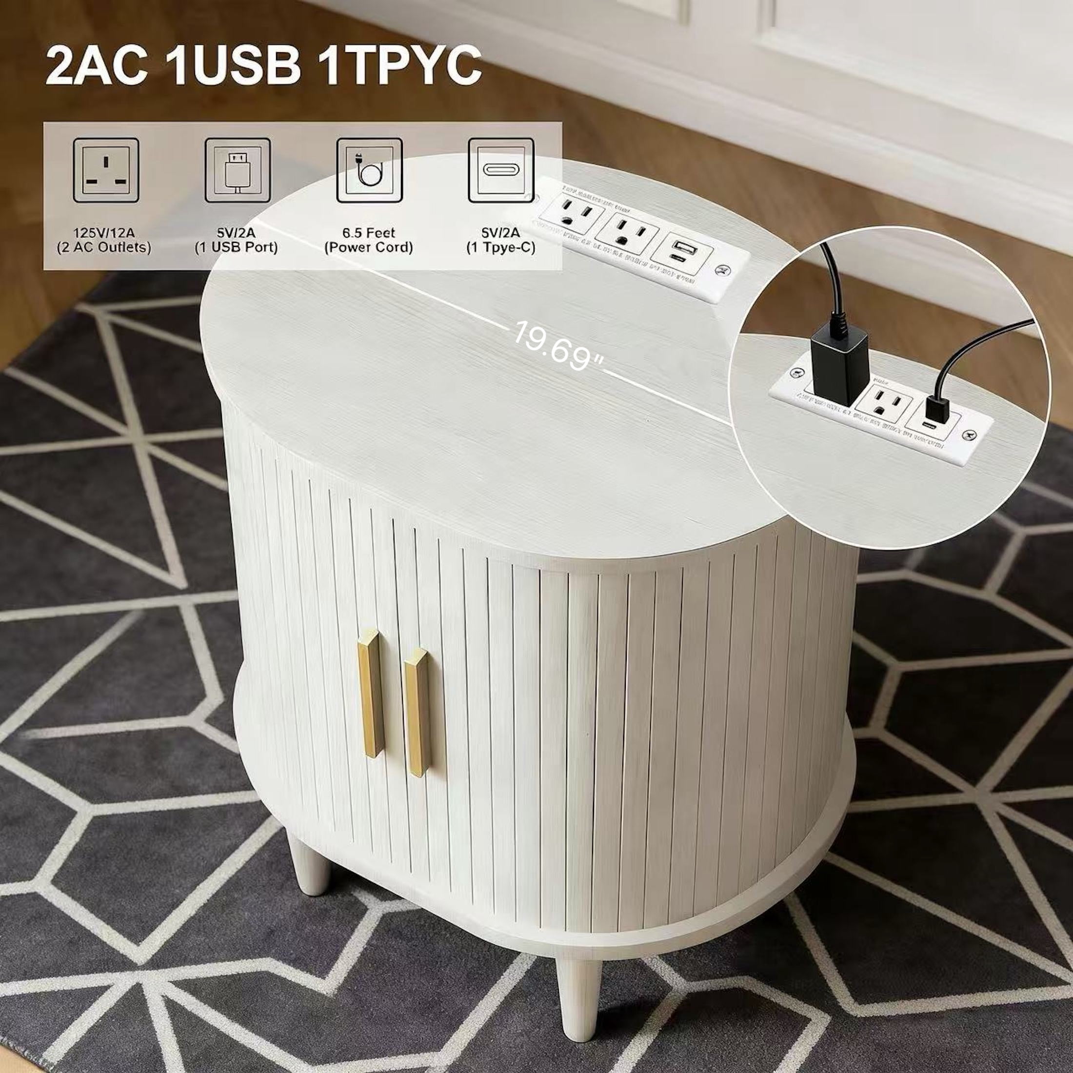 Aisword Nightstand with Charging Station, Fluted Accent Side Table with Sliding Door and Adjustable Shelf, End Table for Small Space, White