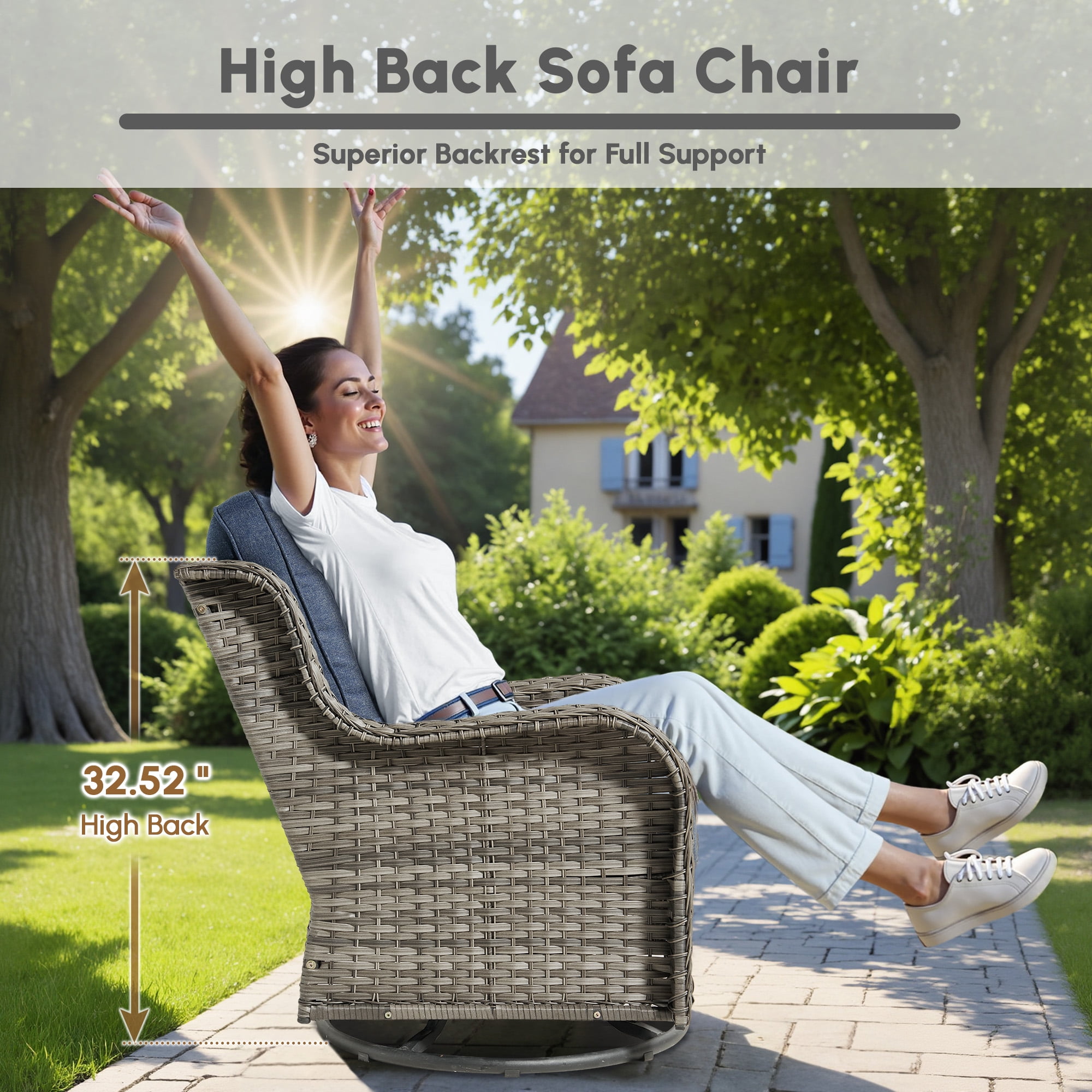 Ovios 7 Pieces Patio Furniture Set High Back All-Weather Wicker Sectional Outdoor Conversation Set with Swivel Chairs & Solar-Powered Coffee Table for Deck, Backyard, or Garden, Denim blue
