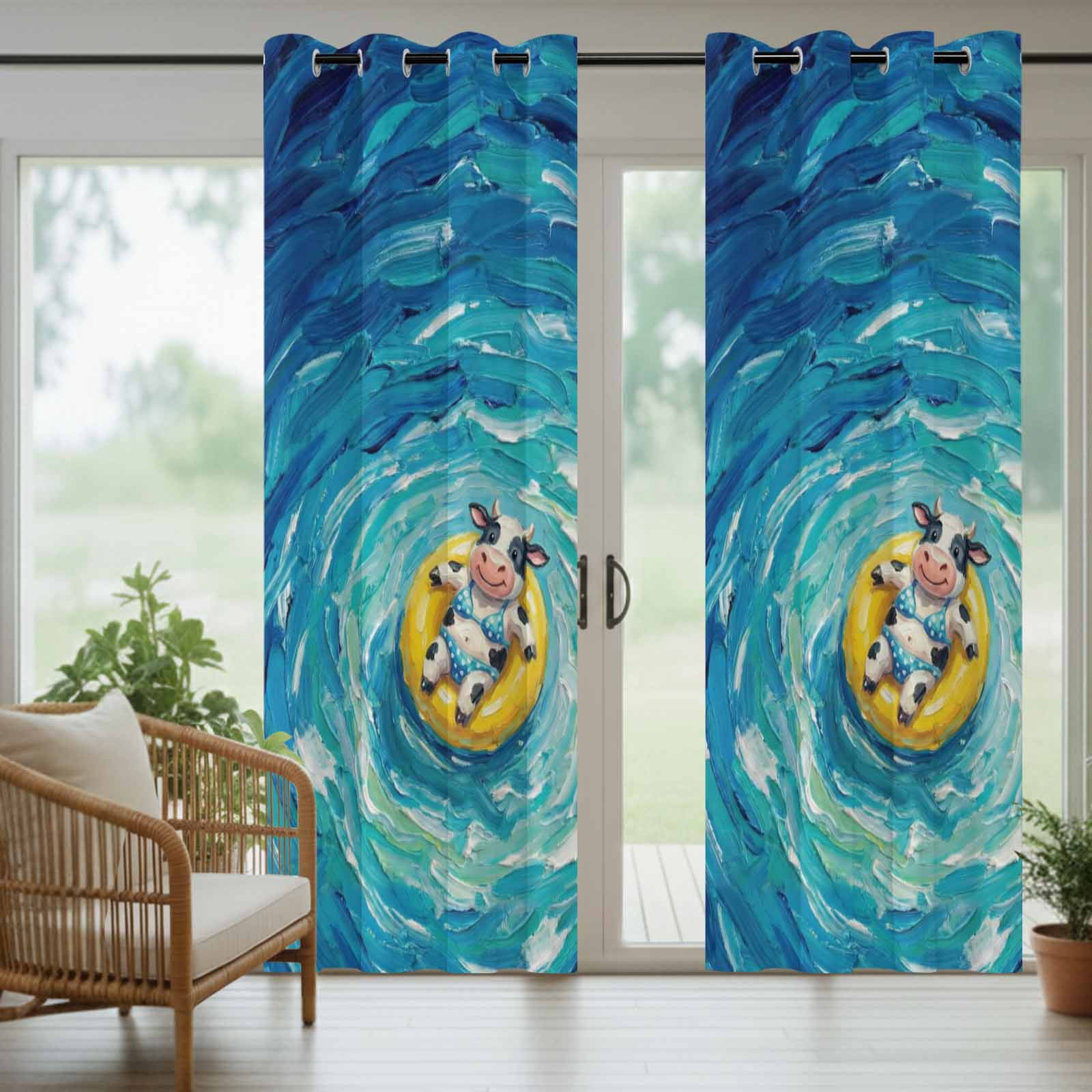 Funny Art Outdoor Curtains for Patio, Summer Cow Swimming Blue Sea View Oil Painting Sunshade Privacy Drapes Grommet Waterproof Outside Curtains for Porch/Cabana/Balcony 54"x 108", 1 Panel