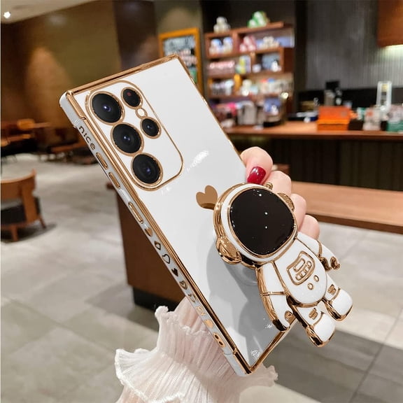 Astronaut Case for Samsung Galaxy S24 Ultra, 6D Plating Astronaut Hidden Stand Case for Women Girly, Folding Bracket Kickstand Soft TPU Shockproof Bumper Phone Case for S24 Ultra 6.8" - White