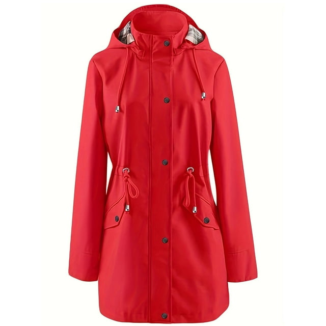 Duoif Veste de Pluie pour Femmes, Veste de Pluie Coupe-Vent Ajustable Imperméable à Manches Longues Trench-Coat Extérieur pour Femmes Rouge m