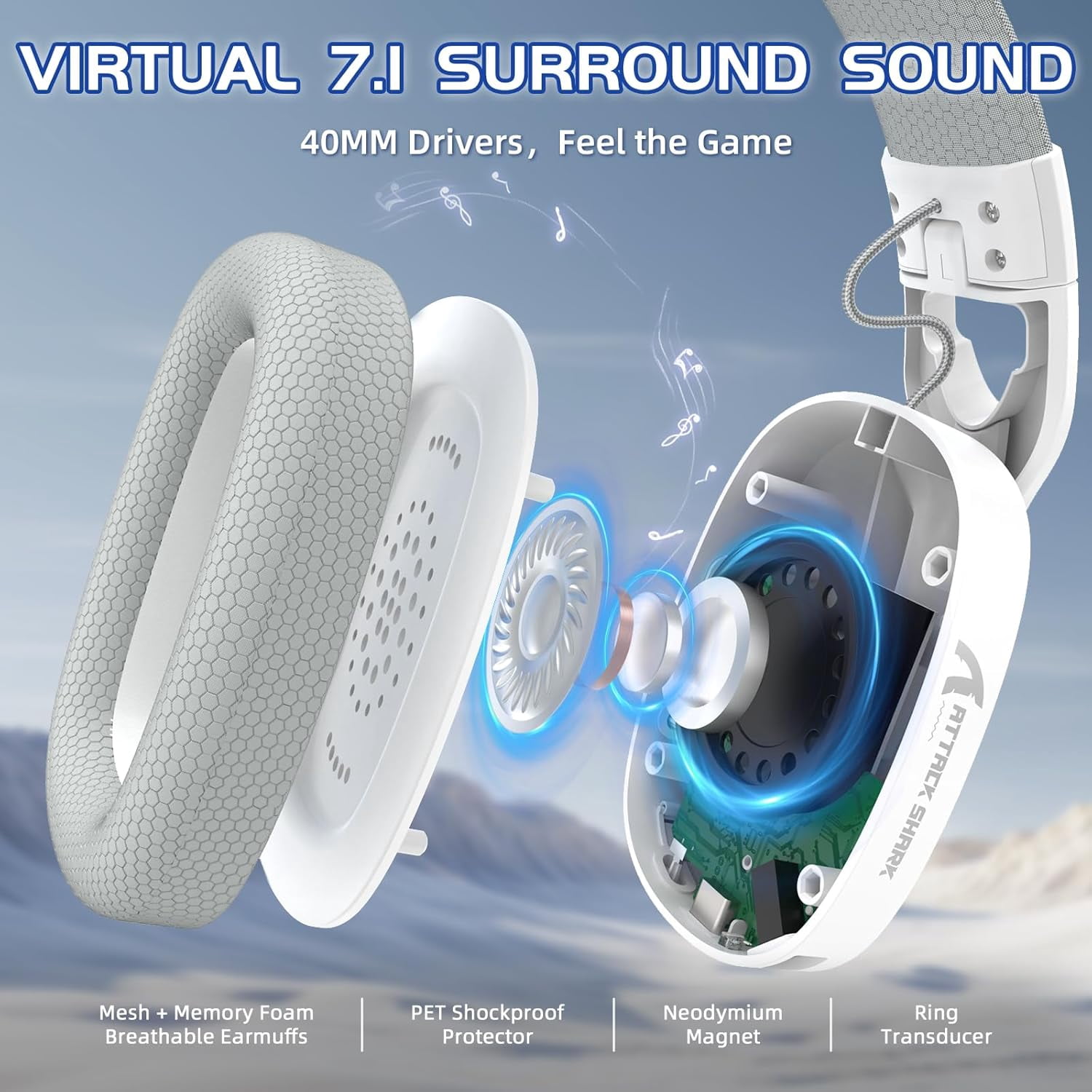 ATTACK SHARK L90 Ultralight RGB Wireless Gaming Headset with Plug-in Microphone,Bluetooth 5.3 & 2.4G Wireless & Wired Headphone, 7.1 Surround Sound for Xbox One Series, PS4,PS5 & PC (White)