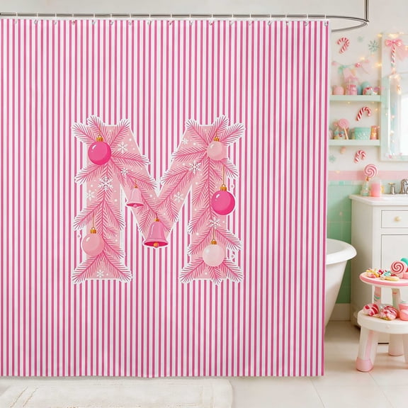 Manfei Initial Waterproof Shower Curtain 72Wx72L Christmas Bathroom Curtain, Pink N