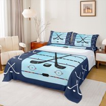 Homewish Cartoon Ice Hockey Queen Sheet Sets, Blue Stripes Lines Abstract Flat Sheet, Teens Kids Boys Girls Queen Fitted Sheetm Super Cozy Room Decor, 4-Piece