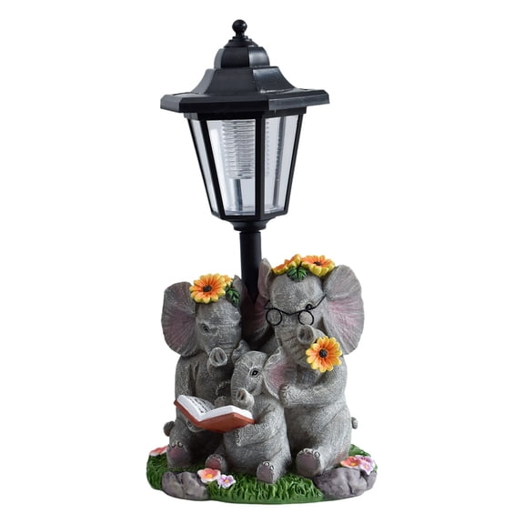 Outdoor Elephant Family Garden Statue with Solar Powered Lantern Decorative Resin Figurine for Yard Patio Lawn Pathway Decor