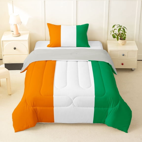 Manfei Flag Of Ivory Coast Twin Comforter Sets,Orange White Green Bedding Set,Light Gray Reversible,2-Piece,1 Comforter and 1 Pillowcase