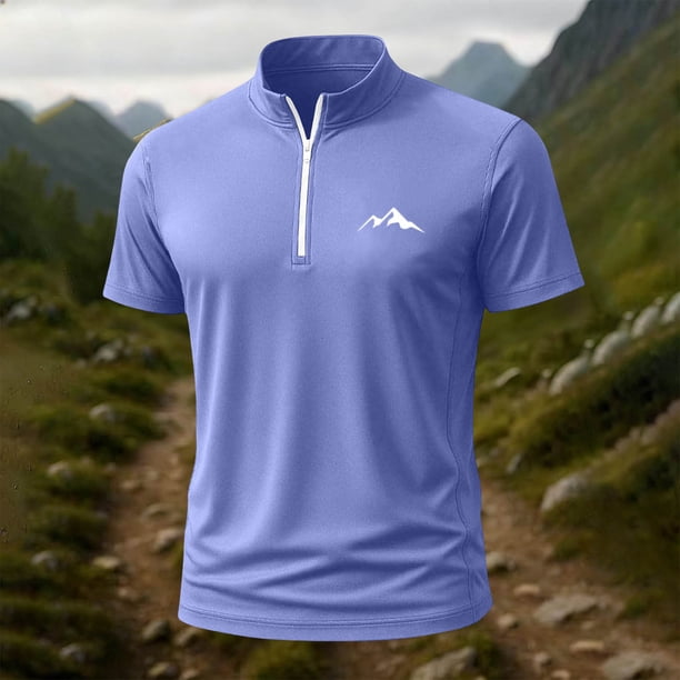 Blusa y camisa de manga corta con cuello alto para hombre, de verano, de color liso, ajustada, deportiva, con cremallera, de manga corta, con cuello alto.