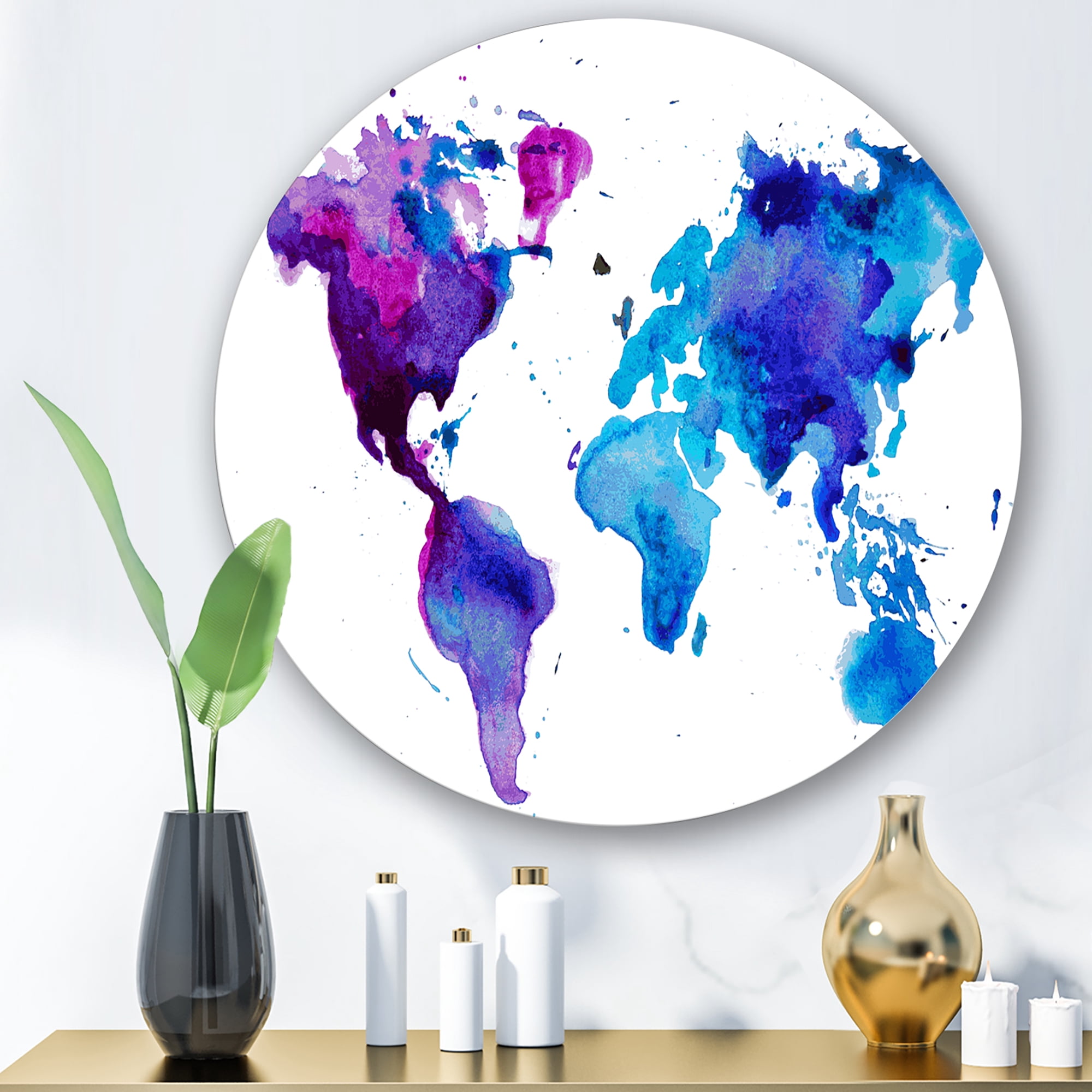Designart 'Blue and Purple Map Of The World' Modern Circle Metal Wall Art 11x11 - Disc of 11