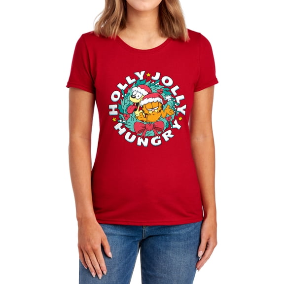 Garfield And Odie Christmas Holly Jolly Hungry Women's T Shirt, Red, Large