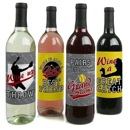 Grand Slam - Fastpitch Softball - Wine Bottle Gift Labels - Summer Softball League Party Decorations for Women and Men