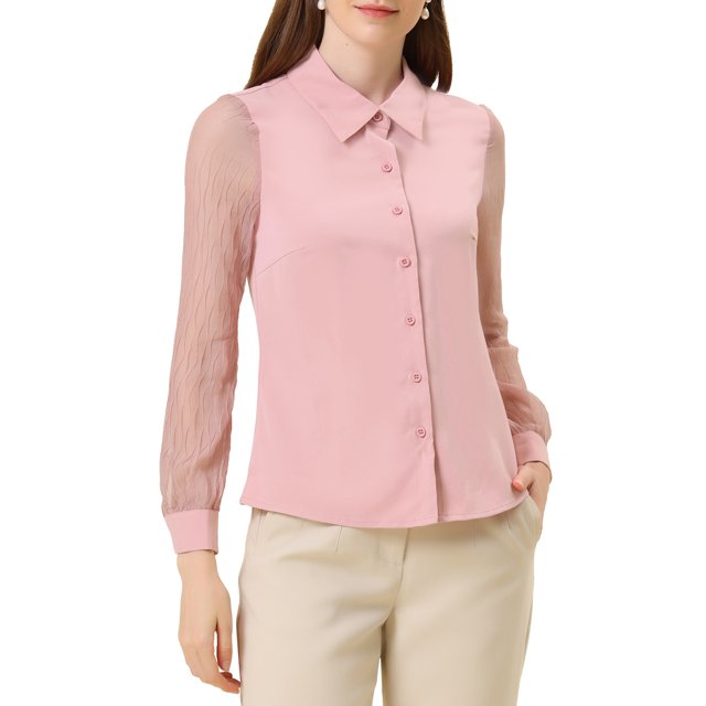 INSPIRE CHIC Women's Chiffon Textured Sheer Sleeve Button Down Work Shirt M Pink