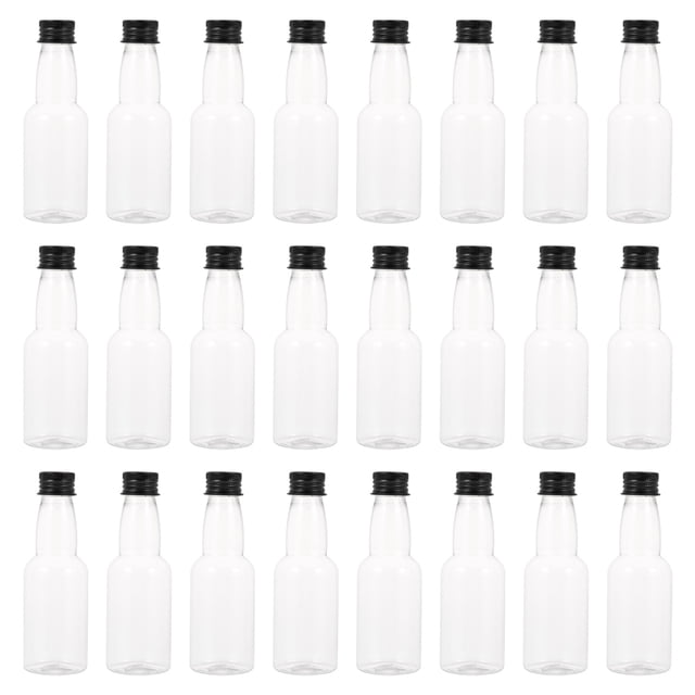 25 botellas de plástico para almacenar, pequeñas botellas para bebidas, envases para leche y botellas de vino. Lote de 25 botellas transparentes de 50 ml con tapa roscada negra; disposición en filas, silueta cilíndrica estrecha y cuerpo liso, tapas a prueba de goteo. Adecuadas para bebidas, jugos, té con leche o condimentos; prácticas para hogar, oficina y cafetería.