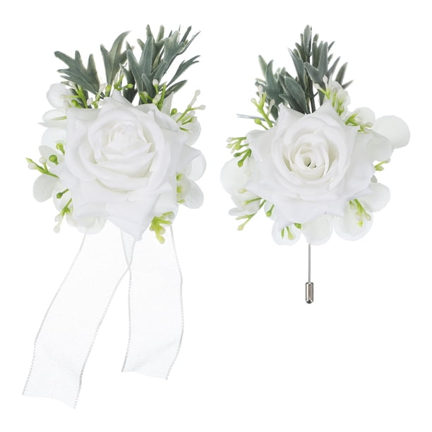 Conjunto de Corsage de Muñeca y Boutonnieres Blancos Uxcell, Corsage de Flores Artificiales para Boda Novia Novio Ceremonia Aniversario Baile Fiesta