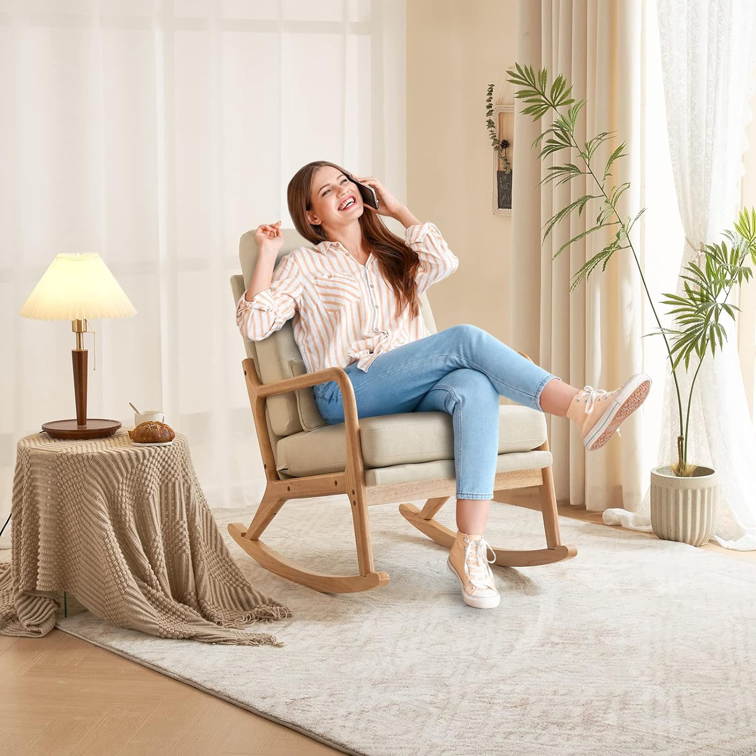 Nursery Rocking Chair Removable Glider Rocker High Backrest Rocking Armchair Mid-Century Accent Chair with Lumber Pillow for Bedroom, Living Room, Nursery, Beige