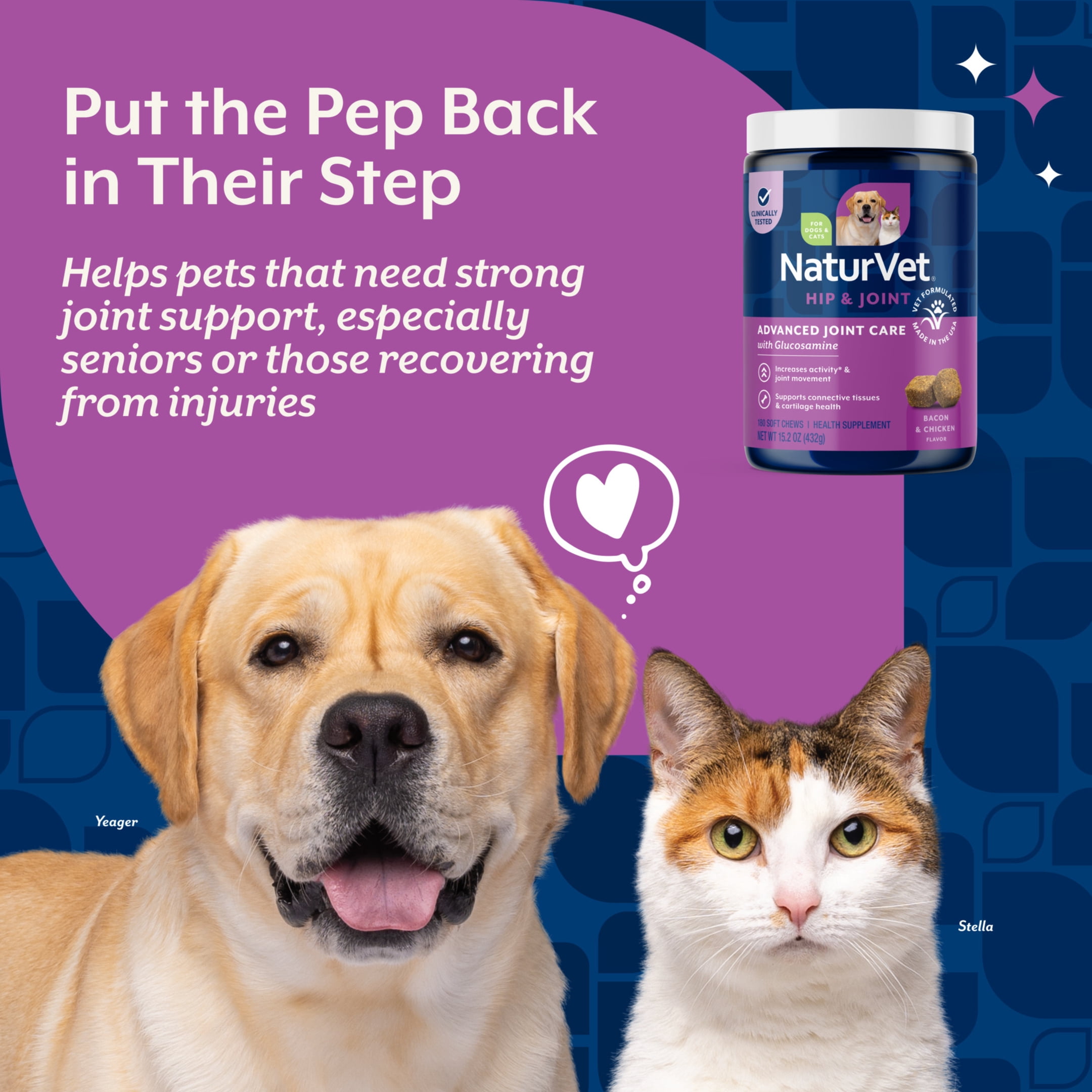 NaturVet Advanced Joint Care Hip & Joint Supplement for Dogs and Cats, Bacon and Chicken Flavor, 180 Count