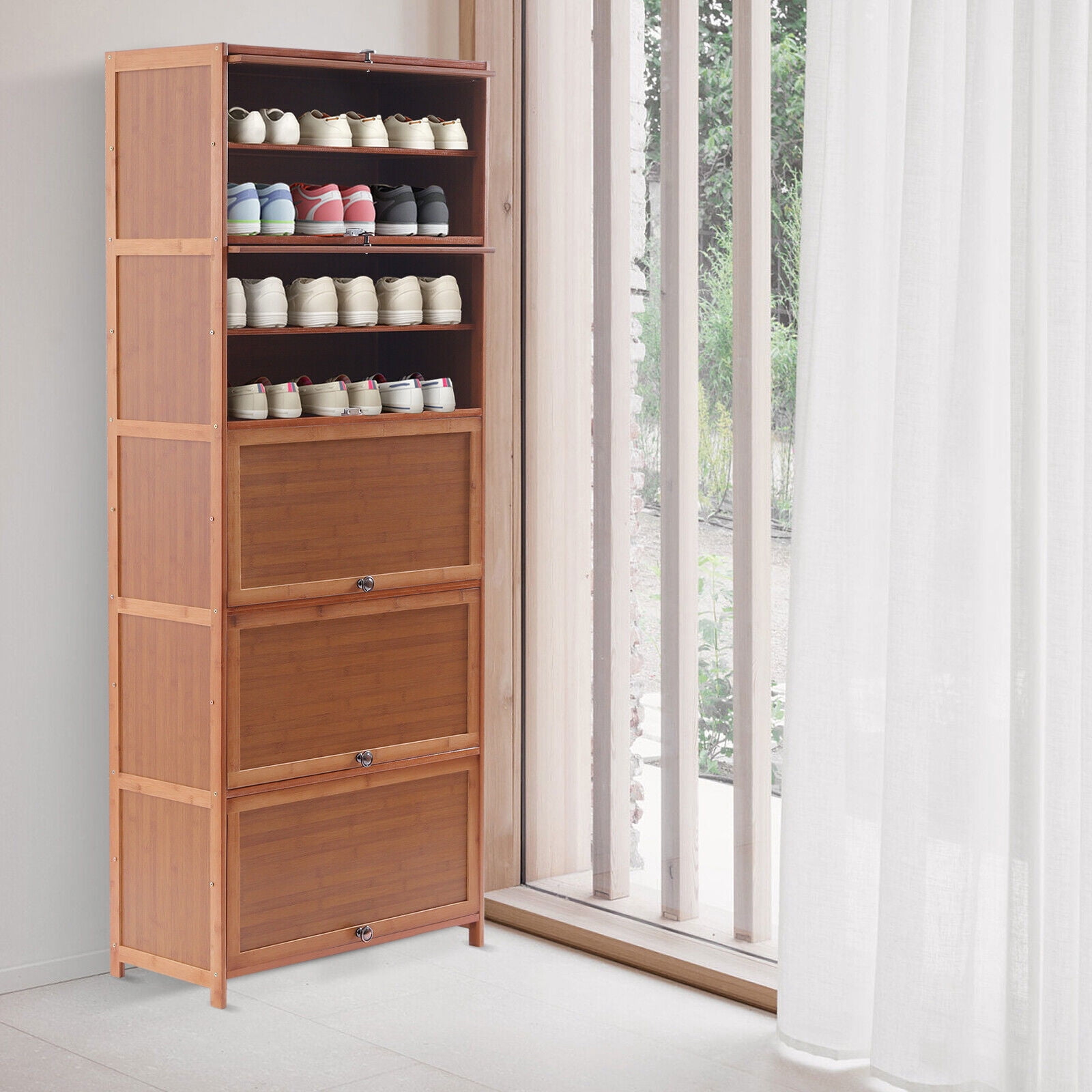 10 Tiers Bamboo Shoe Rack Cabinet, Wood Shelf Stand Storage Book Shelf Organizer