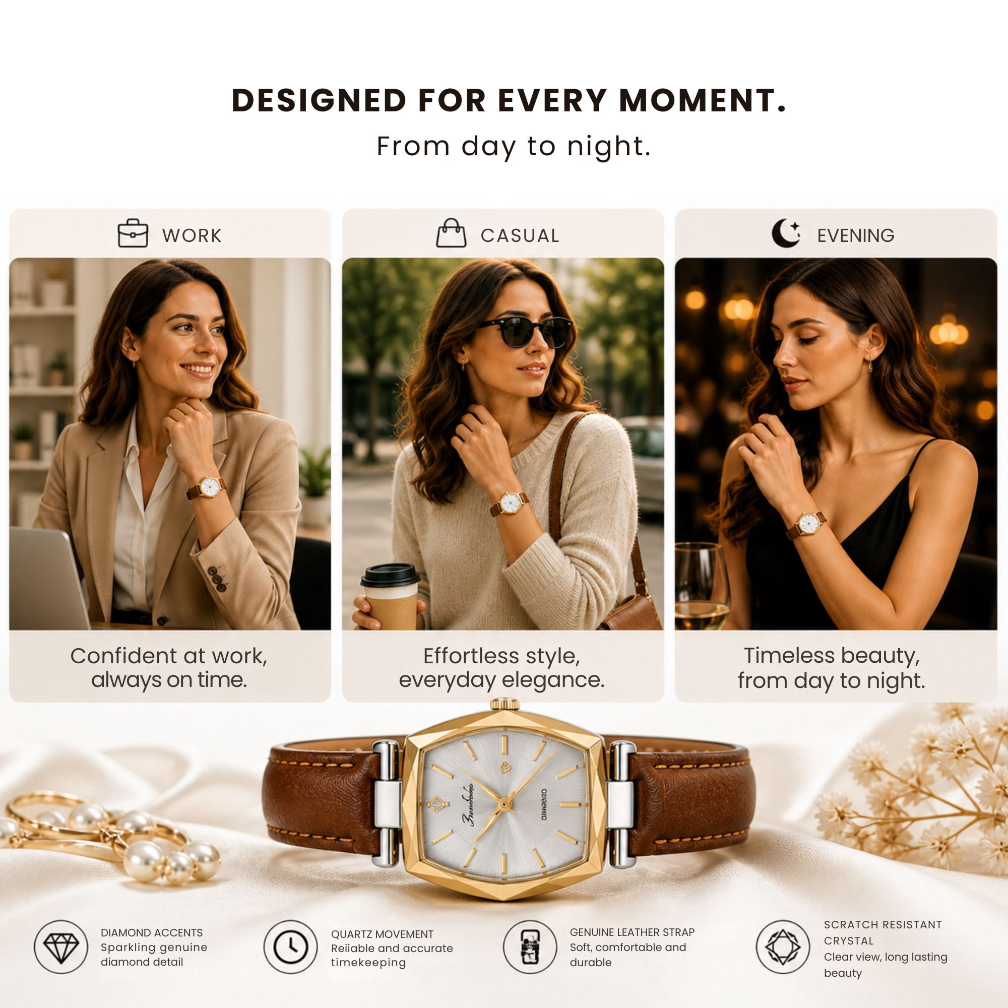 Jessica Simpson Diamond Collection Women's Dress Watch – Classic Quartz, Leather Band, Barrel Faceted Crystal Face, Elegant Timepiece