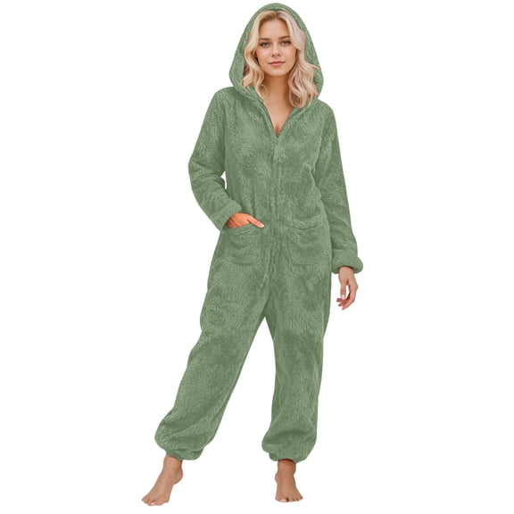 UJNDER Women's Fuzzy Hoodie Jumpsuit Pajamas Long Sleeve Romper Warm Winter Pajamas for Women Green S