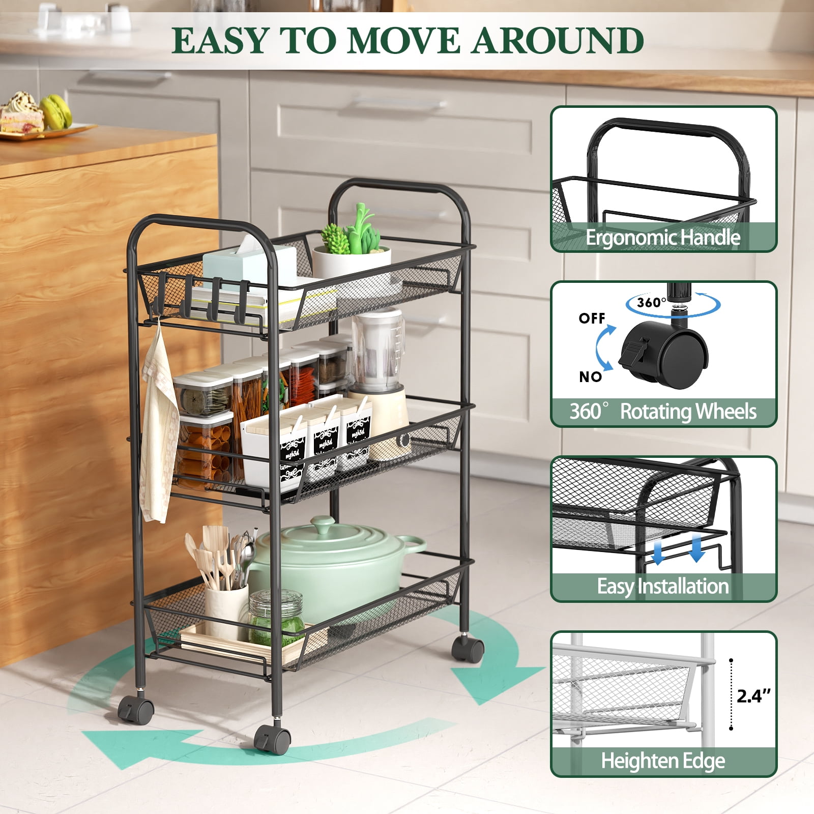 3-Tier Metal Slim Rolling Storage Cart, Bathroom Storage Organizer Rolling Utility/ Mobile Shelving Unit Slide Out Mesh Storage Cart for Office, Bathroom, Kitchen, Laundry Room & Narrow Places, Black