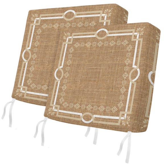 Outdoor Patio Cushion Covers 2 Pack Brown Linen Border Chair Pads Slipcovers with Ties & Zipper Waterproof Floral Lines Frame Seat Cushion Covers for Outdoor Furniture Couch Sofa 24x24 Inch