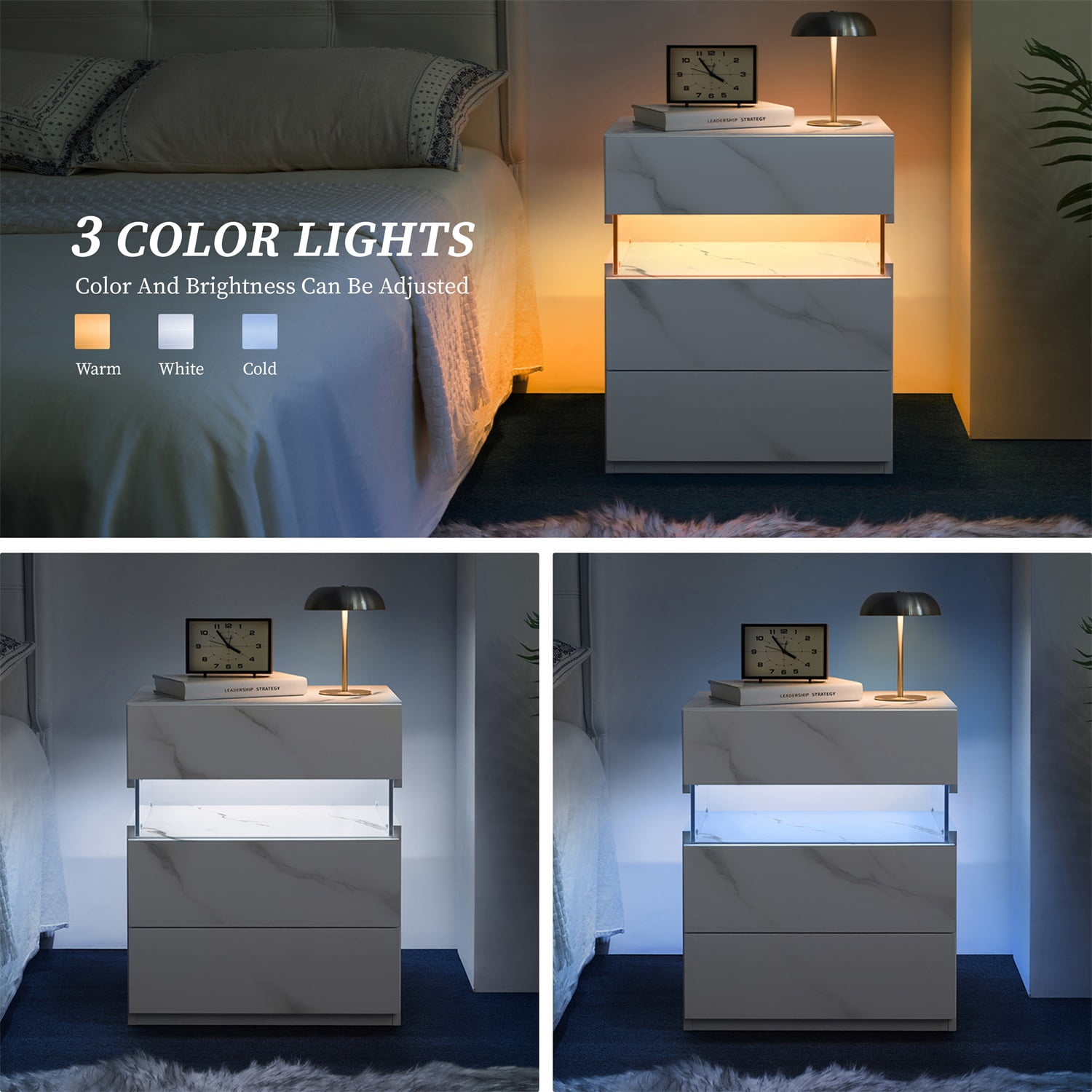 Hommoo 3 Drawer Dresser LED Nightstands, End Table Bedside Tables for Bedroom, Living Room, White Stone