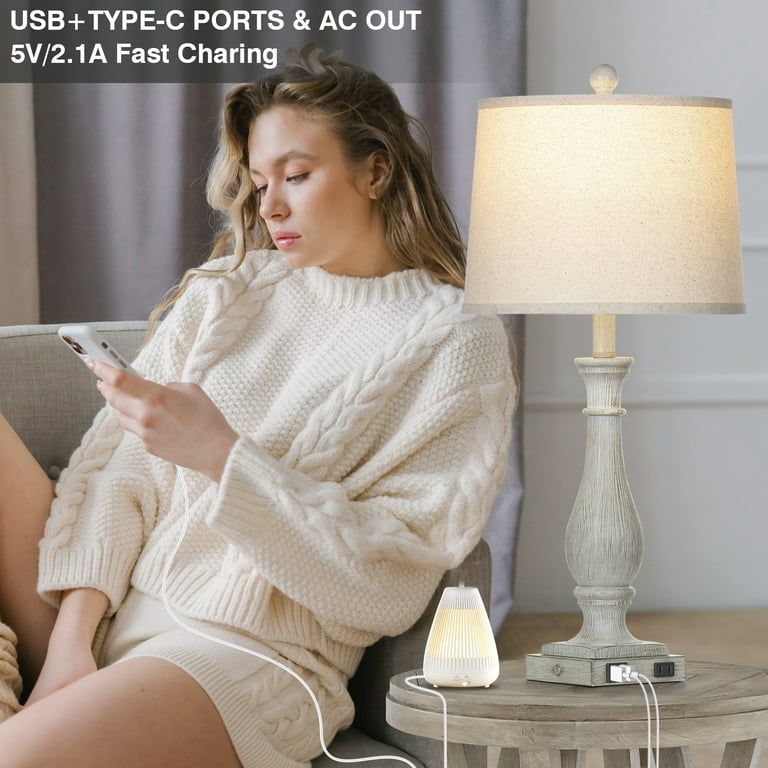 Cinkeda 27.5" Rustic Bedside Lamps with USB Charging, Set of 2 photo 2