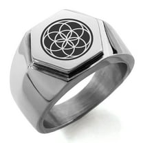 Stainless Steel Seed of Life Engraved Hexagon Crest Flat Top Biker Style Polished Ring