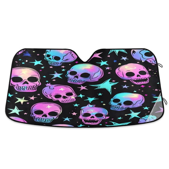 Neon Skulls and Stars Car Windshield Sun Shade Foldable Car Front Window Visor Heat and UV Protection 53x23.5