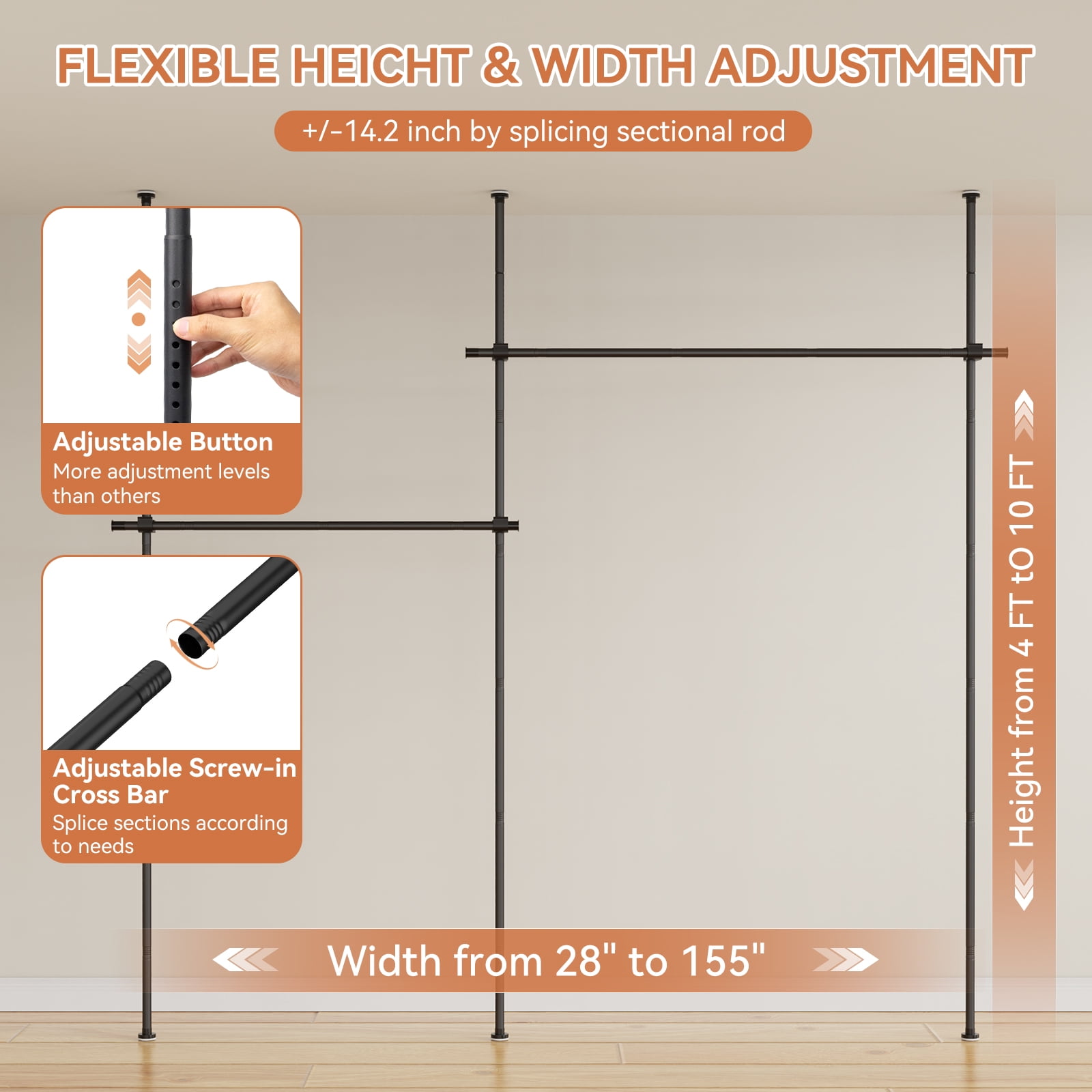 Adjustable Room Divider Frame, Black Metal Pipe Partition Stand for Bedroom/Dorm/Apartment, No Curtains Included (Fits Twin/Full Beds & Open Spaces)