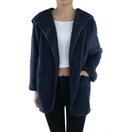 Red Sox Jackets - Anna-Kaci Womens Faux Fur Warm and Fuzzy Hooded Long Sleeve Jacket with Pockets