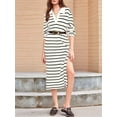 thumbnail image 4 of Womens Striped Sweater Dress Fall Chunky Knit V Neck Collared Long Sleeve Slit Loose Midi Dresses White S, 4 of 6