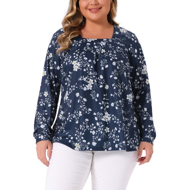 Blusas de mujer de talla grande con estampado floral, cuello cuadrado, de manga larga, túnica plisada, elegantes y casuales, 3X, azul marino