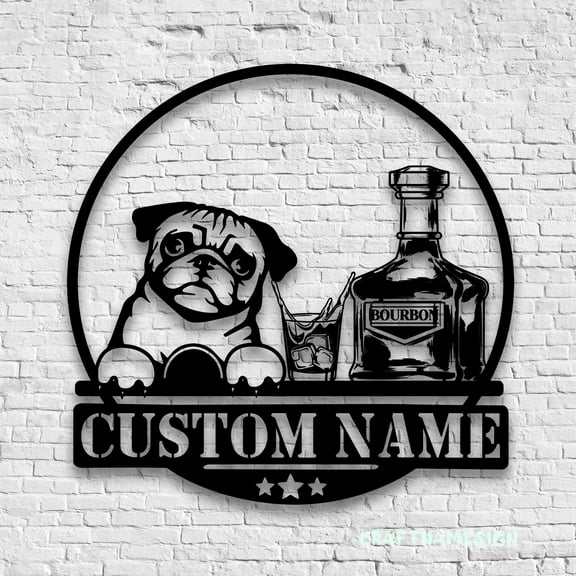 Craftnamesign Custom Bourbon and Pug Dog Metal Wall Art LED Light, Bar Pub Decor, Dog Decoration