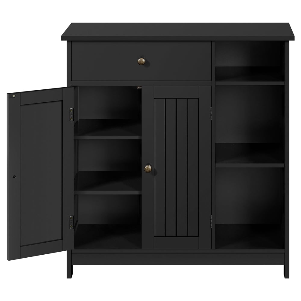 Yaheetech Modern Wooden Bathroom Storage Cabinet with 3 Open Shelves & Drawer, Black