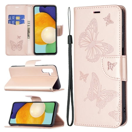 Galaxy A13 5G Wallet Case,Dteck Magnetic Butterfly Pattern Leather Card Pocket Case Hybrid Rubber Kickstand Cover with Strap for Samsung Galaxy A13 5G 6.5-inch,Pink
