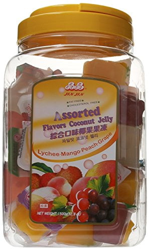 NineChef Bundle - Jin Jin Assorted Fruit Coconut Candy Lychee Mango Peach and Grape Jelly Cups 52.9 Ounce Container + 1 NineChef Brand Long Handle Spoon