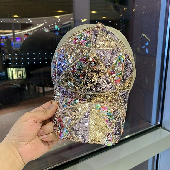 Glitter Sequin Baseball Cap for Women, Bling Rhinestone Sparkle Mesh Back Adjustable Ponytail Hat for Outdoor Sports