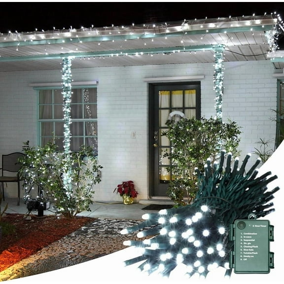 34.1FT 100 LED Battery Operated Christmas Tree Lights Indoor Outdoor Cluster String Light with Timer 8 Modes Dark Green Wire Fairy Light Xmas Patio Bedroom Garden Decorations (White)