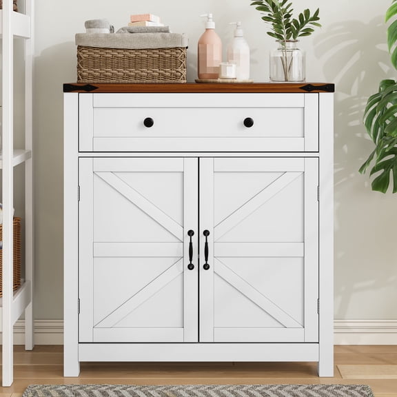 MEETFAV Farmhouse Sideboard Buffet Cabinet with Drawer and Adjustable Shelf, Barn Door Accent Cabinet for Kitchen, Dining Room, White
