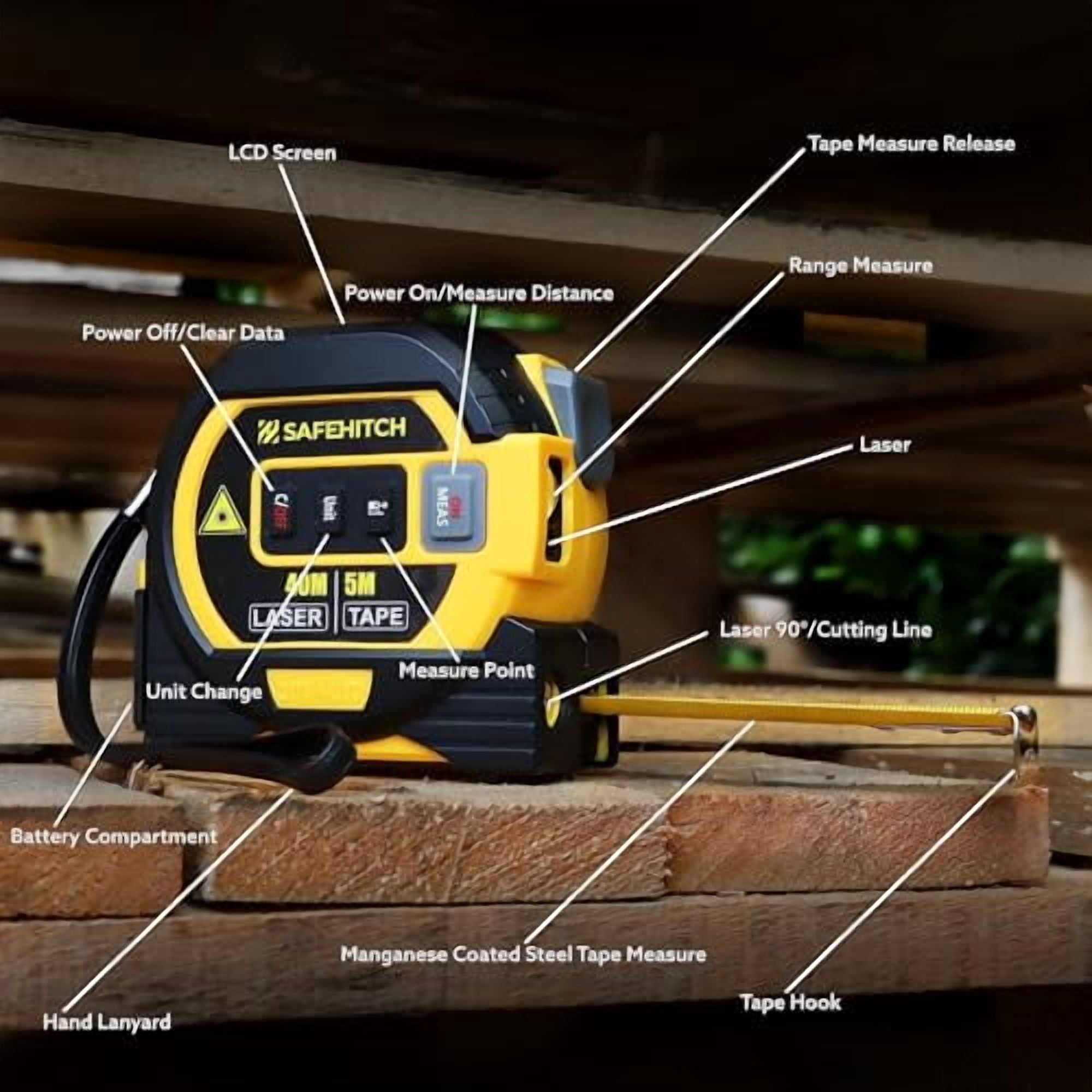 Laser Tape Measure 3-in-1 with Large LCD Display | Digital Laser Measurement Tool in/ft/m Scales up to 131ft/40M with calculations | Tape Measure 16ft/5M and Cross Line Laser Yellow$$Tools