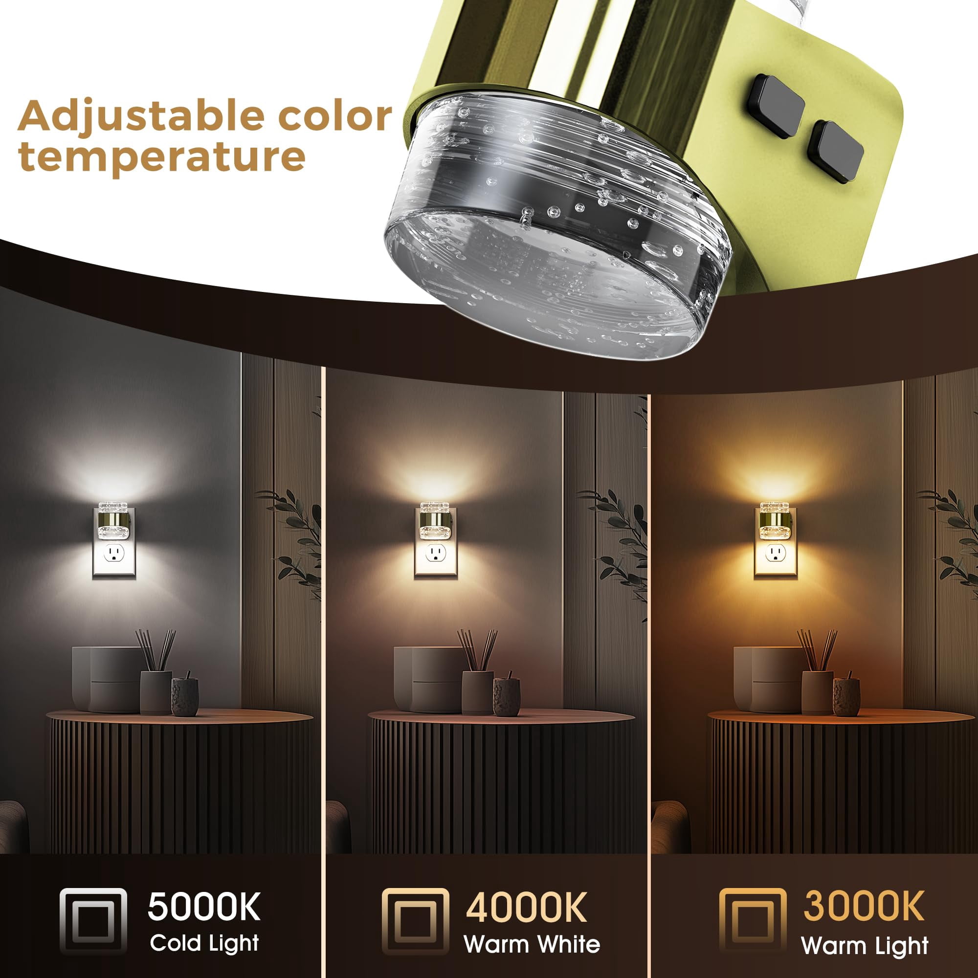 2 Pack 3cct Night Lights Plug Into Wall  3000k/4000k/5000k Adjustable Color Temperature Light Bubble Nightlight With Dusk To Dawn Sensor For Rooms Bathroom Hallway