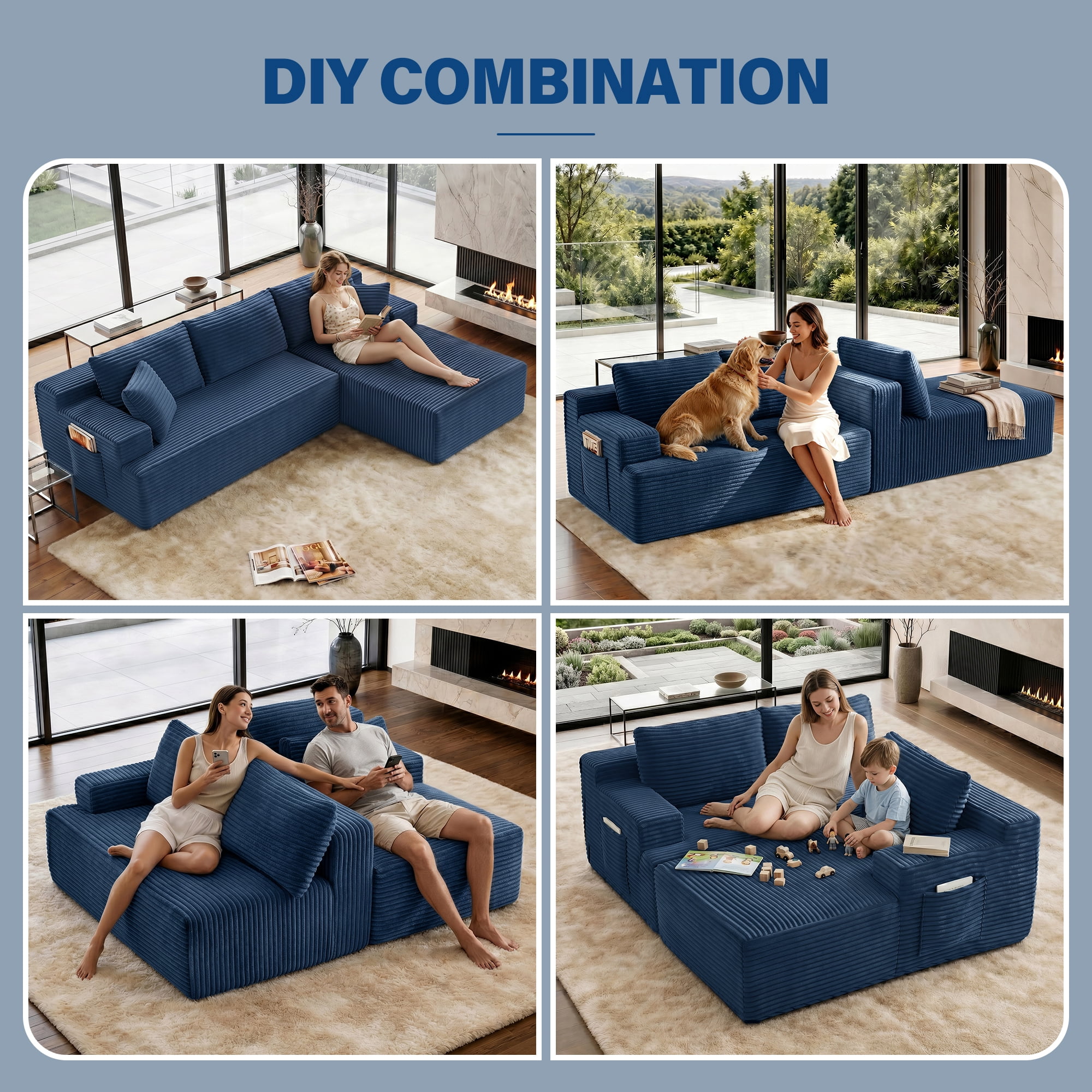Aukfa 96" Cloud Sectional Couch, Modular L Shaped Boneless Sofa with Right Facing Chaise&2 Storage Pockets, Blue