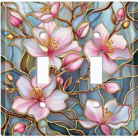 Metal Light Switch Wall Plate Outlet Cover (Printed Image of Stained Glass Cherry Blossoms - Double Toggle)