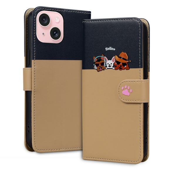 Allytech Wallet Case for iPhone 15 with Cute Cartoon Pattern, 3 Card Slots 1 Cash Slot Wrist Strap, Premium PU Leather Stand Magnetic Clasp Shockproof Protective Case, Khaki