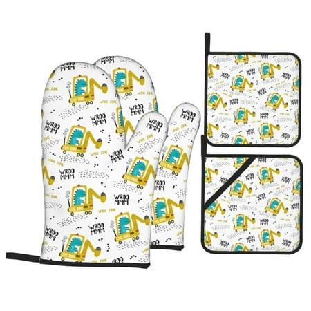 

Oven Mitts and Pot Holders 4 Piece Dinosaur on Excavator High Heat Slip Resistant Oven Mitt and Trivets Set Kitchen Oven Glove Pot Holders for Cooking Baking Grilling