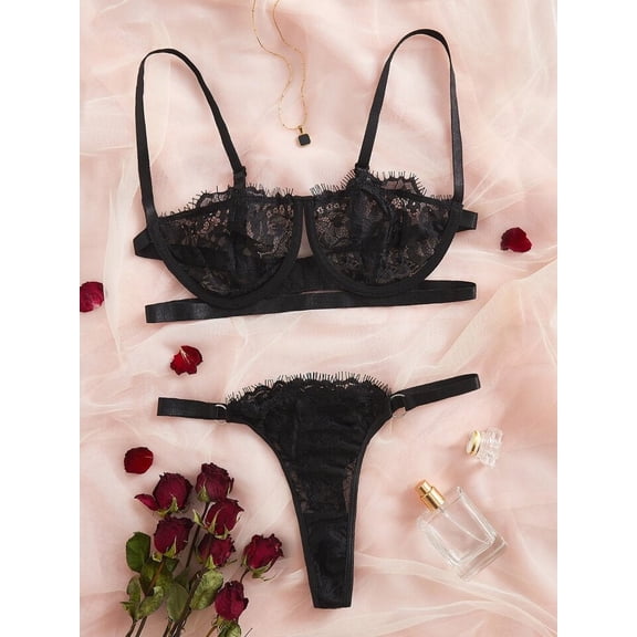 Black Lingerie Floral Lace Set