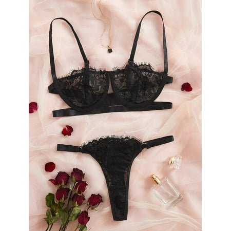 Black Lingerie Floral Lace Set