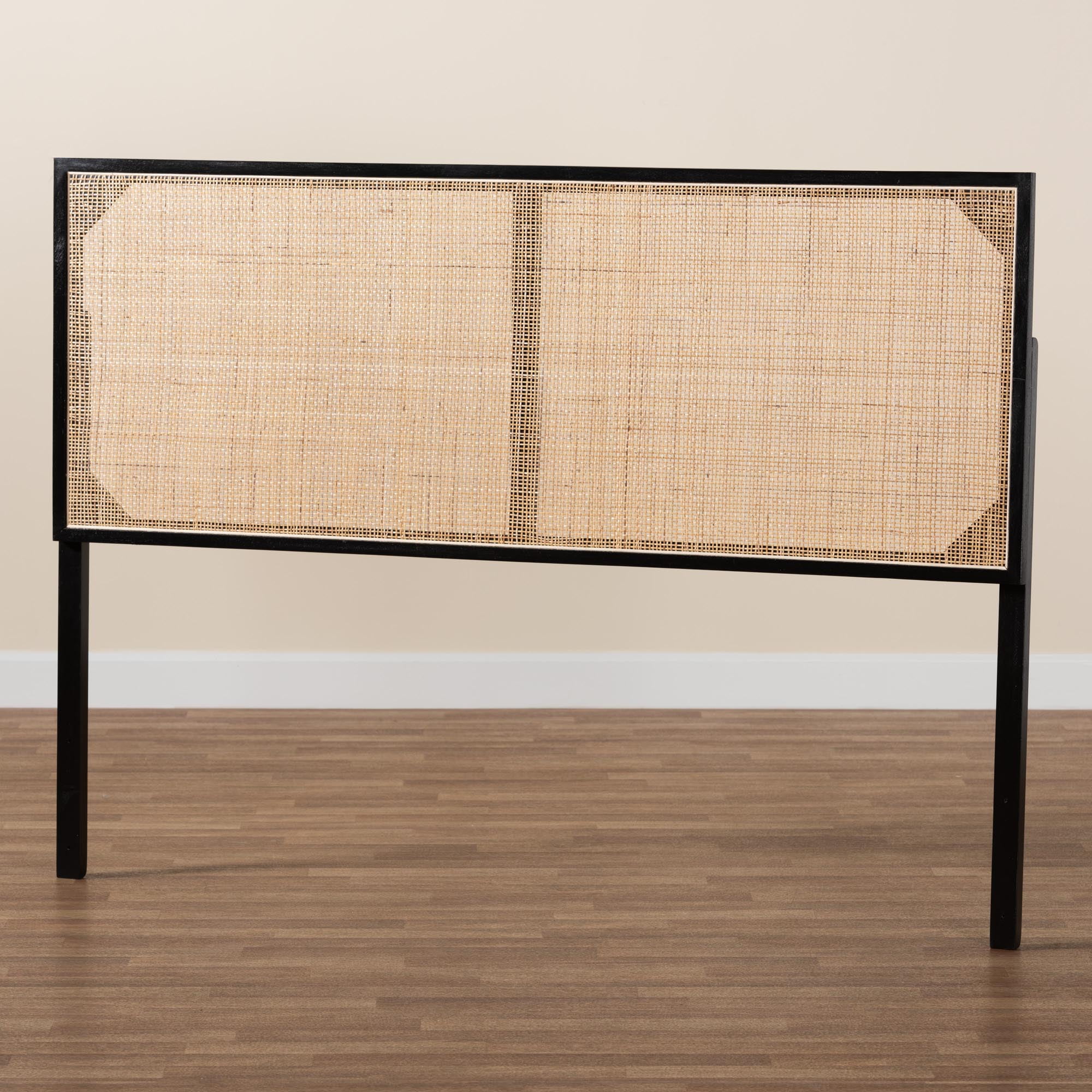 bali & pari Aurelia Rattan and Bayur Wood BOHO Headboard, Queen Size, Black